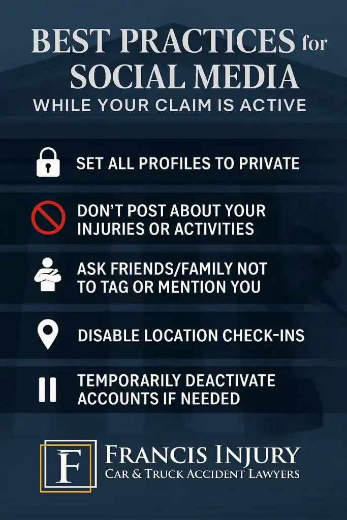 Create a clean, high-impact infographic titled “Best Practices for Social Media While Your Claim Is Active.” Use a legal and medical theme with icons and a dark-blue-and-silver color scheme. The design should feature five visually distinct sections with clear icons and short protective tips:
🔒 Set all profiles to private
🚫 Don’t post about your injuries or activities
🙅♂️ Ask friends/family not to tag or mention you
📍 Disable location check-ins
⏸️ Temporarily deactivate accounts if needed
Include a subtle background with a courthouse silhouette or gavel, and place the Francis Injury logo at the bottom. Font should be bold, clean, and easy to read. Style should feel professional, trustworthy, and designed for a personal injury law firm in Texas. Ideal image ratio: 4:5 or square (for Instagram and blog). Tone: protective, informative, and confident.