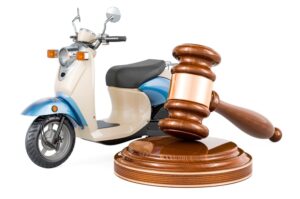 A 3D rendering of a motor scooter or moped, adorned with a wooden gavel, isolated on a white background.