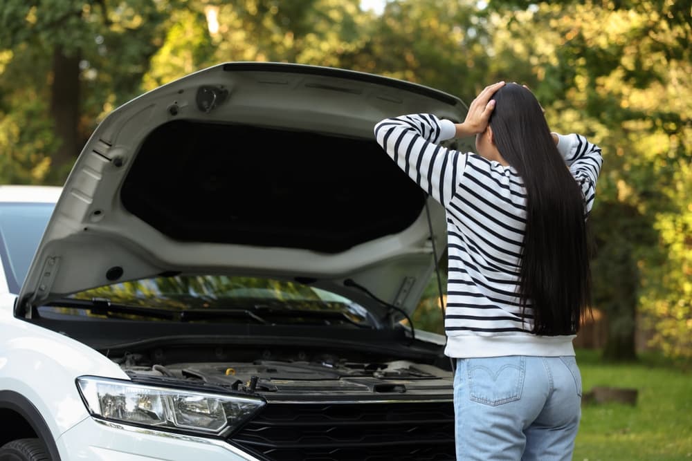 Capturing the scene of a young woman standing near a broken-down car outdoors can evoke a range of emotions and narratives.