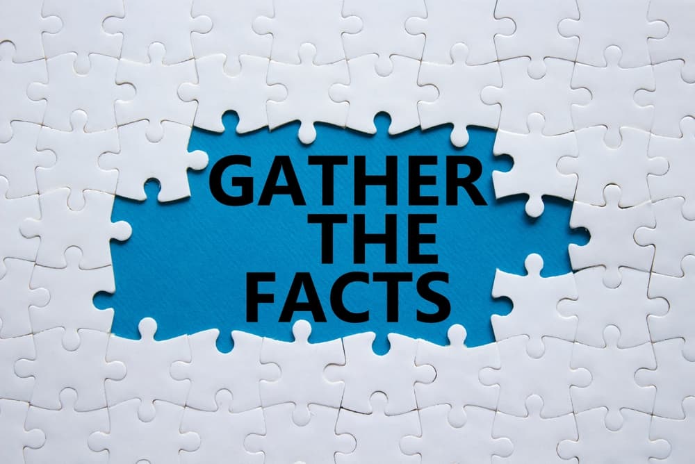 Gather the facts concept depicted with puzzle pieces and text on blue background. Symbolizing business strategy and information gathering. Copy space available.