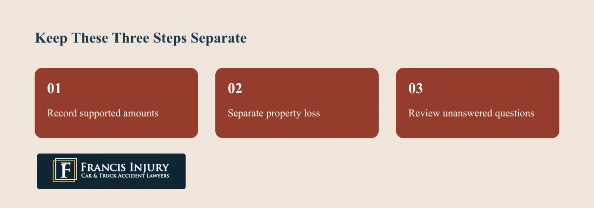 Record supported amounts; Separate property loss; Review unanswered questions