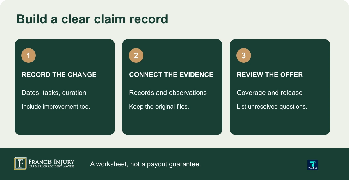 Pain and suffering documentation: record the change, connect evidence and review the offer
