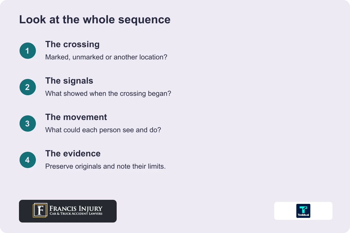 Partly to blame for a pedestrian accident: check the crossing, signals, sequence and supporting evidence