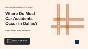 Dallas car accident locations guide with a road interchange illustration, Francis Injury branding and todds.ai credit.
